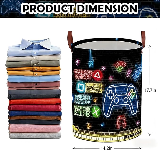 Gaming Laundry Basket,Gamer Decor for Boys Bedroom,Collapsible Neon Color Gamer Nursery Hamper,Waterproof Clothes Towel Toy Book Storage Bin for Dorm Nursery Bathroom(Round)
