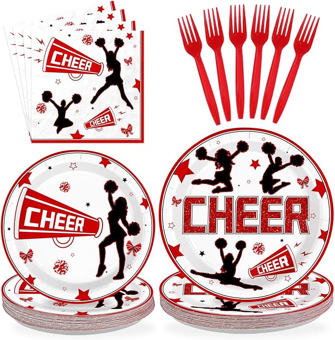 96Pcs Cheer Party Decorations Cheerleader and Loudspeaker Plates and Napkins Red Black White Sports Gymnastics Tableware Set for Girls' Cheer Birthday Ceremony Graduation Party Supplies Serves 24