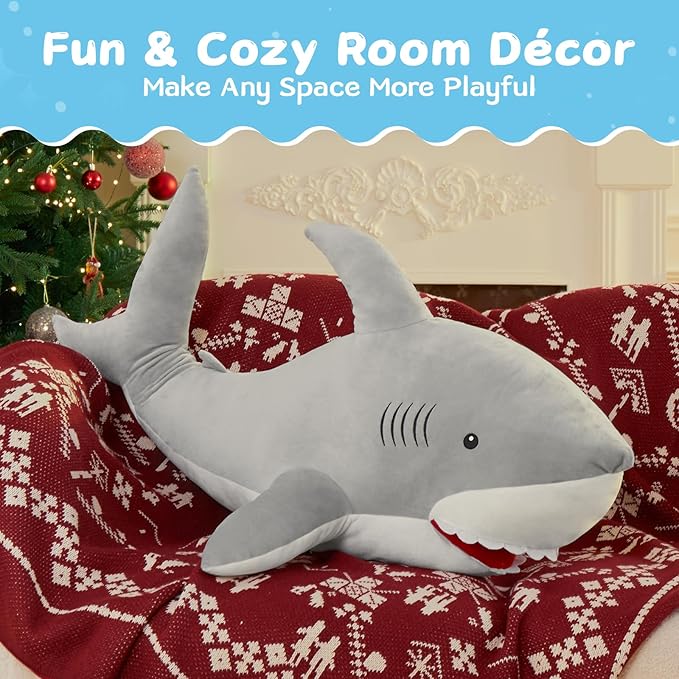 MorisMos 39inch Giant Shark Stuffed Animal, Large Stuffed Shark Plush Toys Pillow Gift for Kids Girlfriend, Gray
