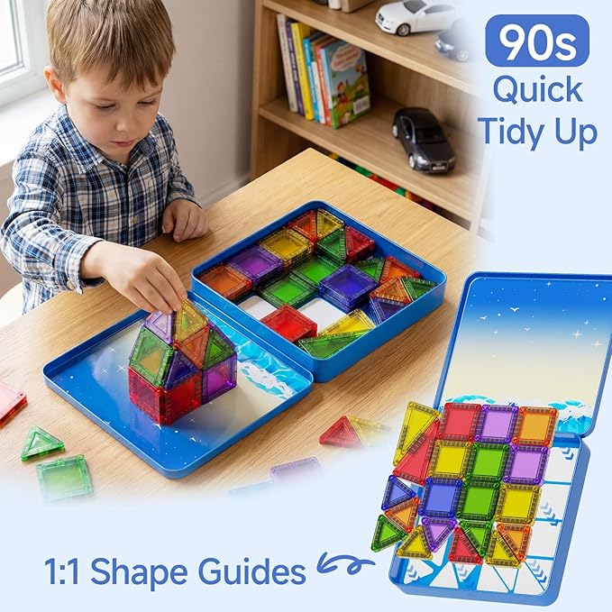 WMXDU 60 PCS Magnetic Tiles Travel Set for Kids, Portable Magnetic Building Blocks with Tin Box, Car Rides Airplane Road Trip Activities, Birthday Gift for Boys