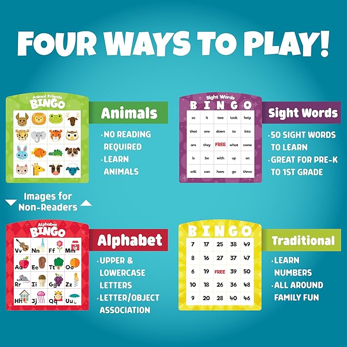 Chuckle & Roar Family Bingo – 4-in-1 Educational Bingo Game for Kids Ages 3–6+ | Animal, Alphabet, Sight Word & Number Bingo | 1–6 Players