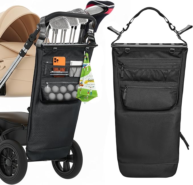 Stroller Golf Caddy,Golf Bag Attach to Stroller with Side Pockets,Shoulder Strap & Hooks for Towel Gloves,Lightweight Foldable Golf Organizer for Family Outdoor Golf,Stroller Golf Accessory