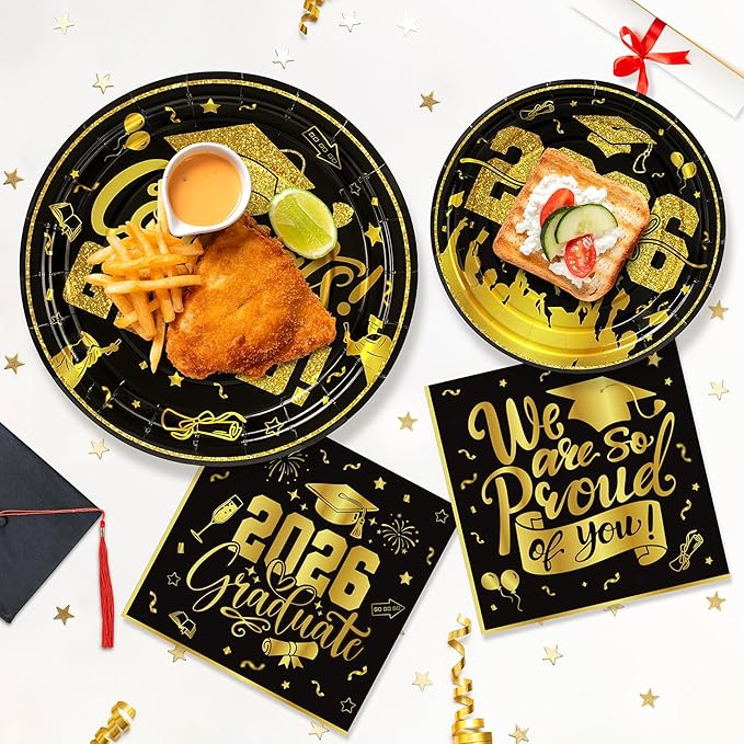 144Pcs 2026 Graduation Plates and Napkins for 48 Guests, Black and Gold Congrats Grad Party Supplies, Class of 2026 Disposable Paper Plates Napkins Forks for Graduation Party Decorations