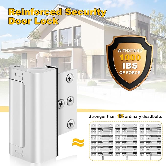 Home Security Door Locks 2 Pack, Metal Door Reinforcement Locks, 3" Withstands 1000 lbs of Impact for Inward Swing Doors, Defender Door Locks for Kids Safety, Prevent Unauthorized Entry (White)