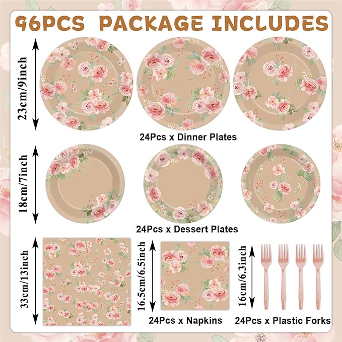 96Pcs Vintage Flower Party Supplies Spring Kraft Floral Themed Paper Plates Napkins Pink Rose Flower Party Tableware Disposable Decoration Set for Kids Birthday Baby Shower Table Decor