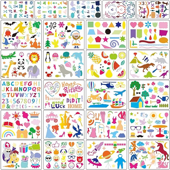 Stencil Drawing Kit for Kids, 25 Pcs Plastic Drawing Stencils with 400+ Shapes, Great Birthday Gift for Boy Girl