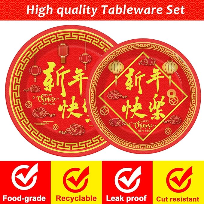 Wiooffen 96 Pcs Chinese New Year Party Plates Napkins Tableware Set Happy 2026 Horse Year Supplies Disposable Dinnerware Spring Festival Decoration Favors for Chinese New Year Eve, 24 Guests