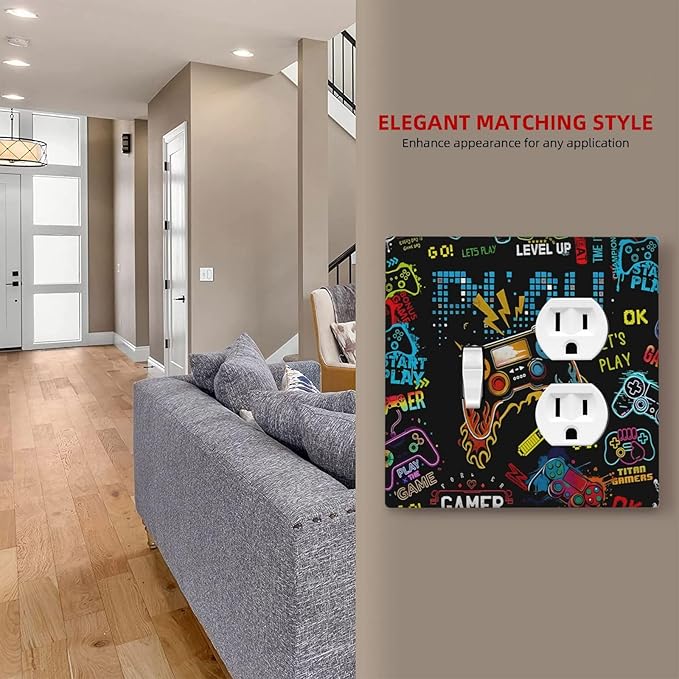 Gamer Video Game Themed Cool Controller Print Wallplates 1 Toggle 1 Duplex Switch Plate Electrical GFCI Faceplate Decorative Light Switch Covers for Kids Room Office Decor