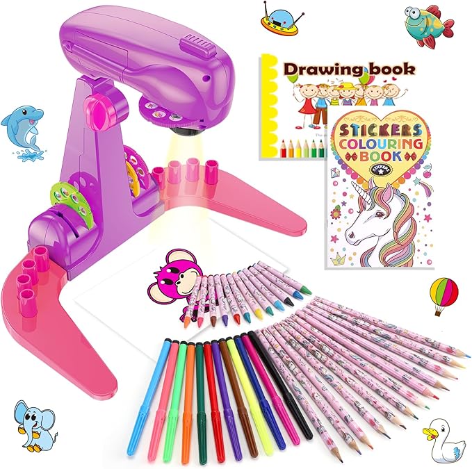 Sumsoltic Drawing Projector for Kids,Art and Craft Kit, Including Colored Pencils, Crayons, Coloring Books, Toys for 3+ Year Old Girls (Pink Drawing Kit v1)