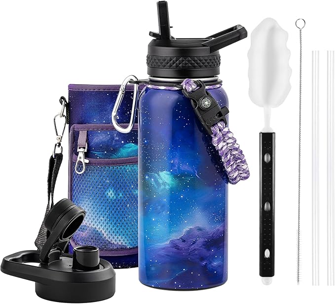 RAYMYLO Insulated Water Bottle 32 oz, Triple Wall Vacuum Stainless Steel (Cold for 24Hrs, Hot for 12Hrs), Leak Proof & Non-BPA, Modern Water Flask Jug with Paracord Handle & Straw Spout Lids
