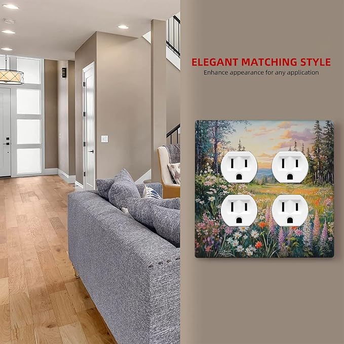 Outlet Covers Floral Landscape Rustic Nature Wildflower 2 Gang Double Duplex Decorative Light Switch Covers Electrical Wallplates Socket Faceplate For Bed Room Living Room Decor