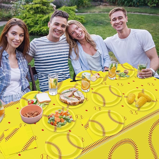 Qyeahkj 24 Guests Softball Party Decorations Paper Plates and Napkins Tablecloth Set Softball Disposable Birthday Party Tableware Dinnerware Supplies for Table Dinner Kids Birthday Party Decor
