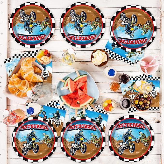 Dirt Bike Birthday Party Supplies Serves 24 Motorcycle Party Paper Plates Napkins Set Motocross Dirt Bike Tablecloth Tableware Kit for Baby Shower Decorations Kids Boys Girls