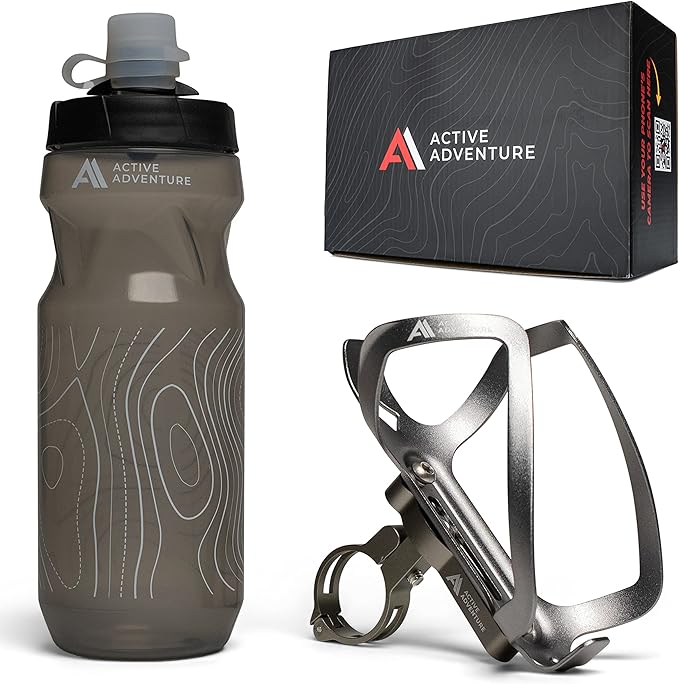 Bike Water Bottle Holder Combo - 20 Oz Squeeze Bottle & Bicycle Mount Cage Rack, No Screws Needed, Durable Alloy - Fits All Handlebar Bikes & MTB Mountain Road - for Adults, Kids (Gray)