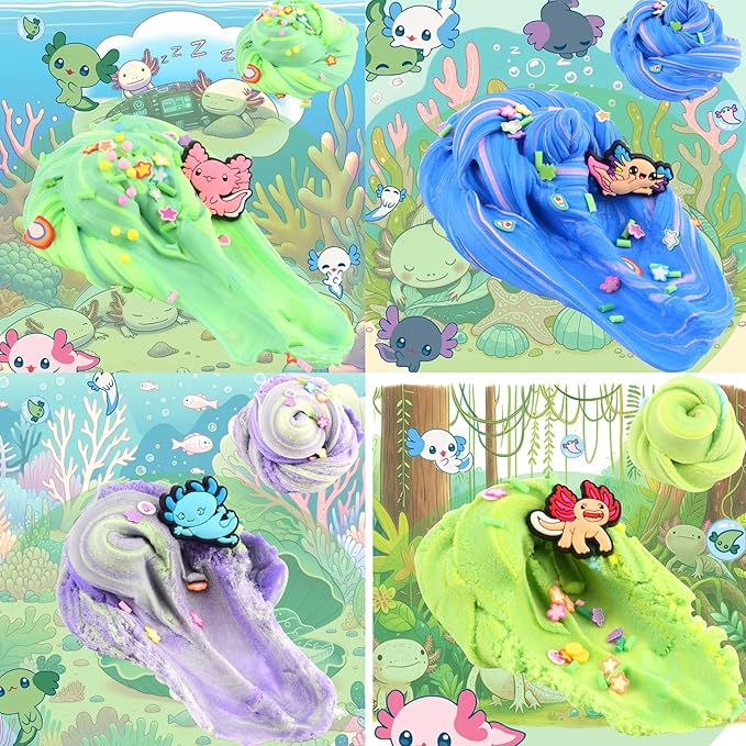 6 Pack Axolotl Slime Kit, Cute Stuff Butter Cloud Crystal for Girls Ages 8-12, Cloud Dough for Kids Set Party kit Goodie Bag Stuffers, Girls and Boy Birthday Gift Ideas Axolotl Blue
