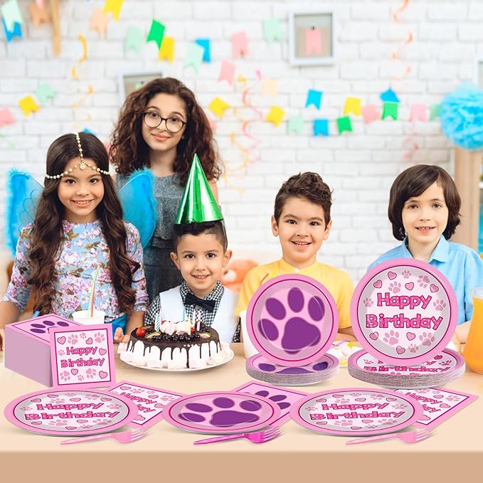 96 Pcs Pink Paw Birthday Party Plates and Napkins Puppy Print Party Decorations Dog Theme Supplies Lets Pawty Paper Dessert Plates Tableware Set for Kids Boy Girl Baby Shower 24 Guests