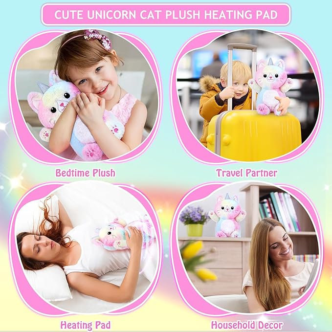 Unicorn Cat Microwavable Heating Pad-1.2lb Heating Pads for Women & Kids,Soft Pillow Plush Toy,Heatable Stuffed Animals,Bedtime Gift for Women Kids Stuffed