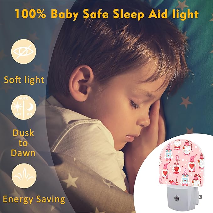 Cute Love Gnomes Night Lights,Gnomes with Red Hearts Plug in Night Light with Dusk to Dawn Sensor, 0.5w Energy Saving Nightlight for Hallway Stairway Birthday Mother's Day Gifts
