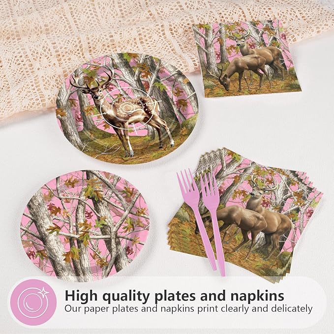 96Pcs Pink Hunting Deer Camo Decorations Woodland Deer Plates and Napkins Tableware Sets Hunting Themed Decorations for Hunter Outdoor Camping Picnic Camouflage Party Supplies Serves 24