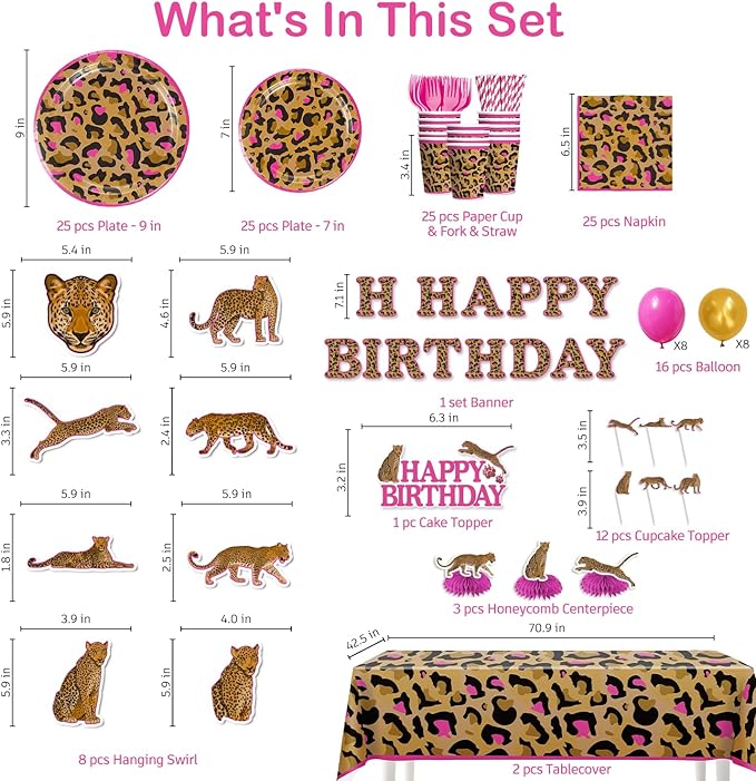 cocomigo 193pcs Cheetah Birthday Decorations Tableware Set, Serves 25 Guests, Cheetah Print Birthday Decorations includes 300 gsm Plates, Balloons, Tablecloths, for Leopard Theme Party Supplies