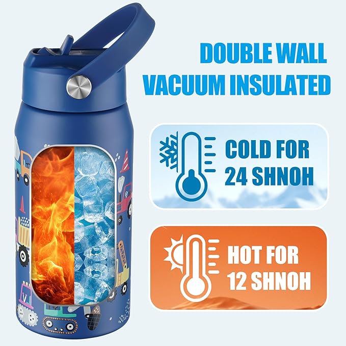 OLDLEY kids Water Bottle - 18oz Insulated Stainless Steel - Wide Straw Lid, Non Spill, Leakproof, Kids Water Bottle for School,Blue Engineering car