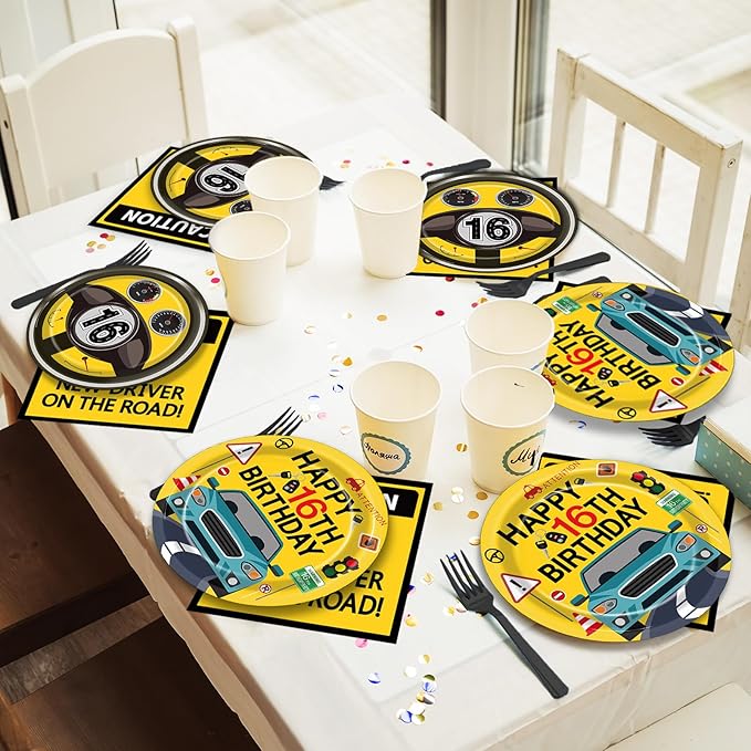100 Pcs Drivers License 16th Birthday Party Decorations New Driver Car Plates and Napkins Set Disposable Racing 16 Years Old Paper Tableware for Boys Learner Driver Theme Supplies Serves 25