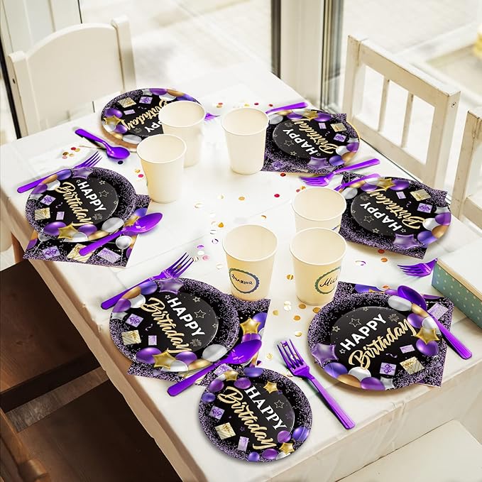 Wiooffen 96 Pcs Purple Birthday Party Plates Napkins Tableware Set - Purple and Black Happy Birthday Party Supplies Disposable Dinnerware for 24 Guests