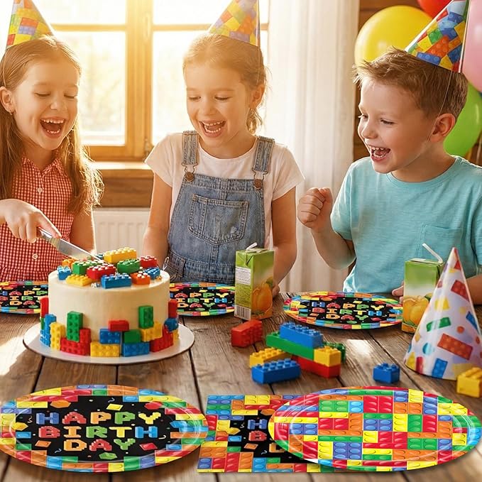 40Pcs Building Block Party Supplies Building Blocks Birthday Paper Plates Tableware Set Colorful Blocks Supplies Include Paper Plates Napkins for Birthday Party Decor Supplies
