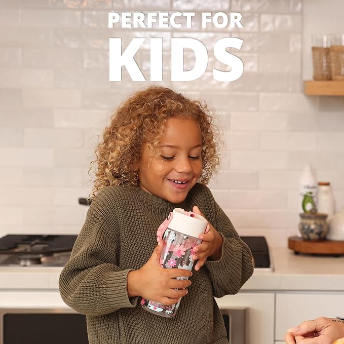 Elemental Water Bottles for Kids - Splash Kids Water Bottle for School with Pop-it Handle - BPA Free Tritan Plastic Water Bottle with Straw Leak Proof when Spout is Closed- Spring Blossom Clear-18oz