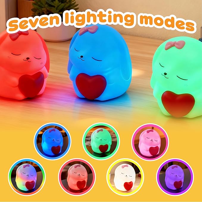Rechargeable Rabbit Night Light for Kids: Soft silicone squishy LED with 7 colors & dimming. Fits college dorms, baby rooms; great for breastfeeding. Ideal gifts for girls & boys.
