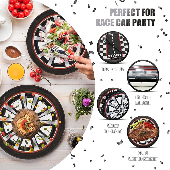 CANREVEL 96 PCS Race Car Birthday Party Plates Serve 24, Racing Car Plates and Napkins Forks Set, Disposable Tableware for Race Cars Party Supplies Decorations, Race Car Plates for Boys Kids Men