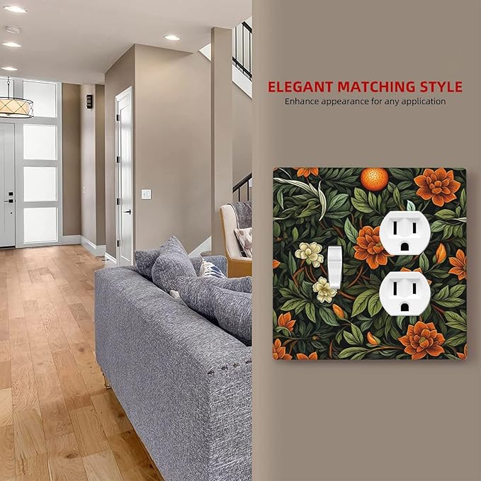Light Switch Cover Plate William Morris Orange Flowers Rustic Leaves Floral 2 Gang Decorative Switch Plates 1 Toggle Duplex Combo Outlet Covers GFCI Wall Plates for Bathroom Bedroom Decor