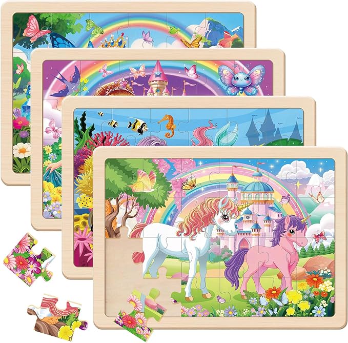 Puzzles for Kids Ages 4-6, 4 Packs 24 Pcs Unicorn Princess Mermaid Wooden Jigsaw Puzzles, Preschool Educational Puzzles Toys Gifts for Girls 3 4 5 6 Years Old