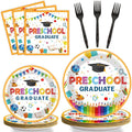 Preschool Graduation Party Supplies Pre-K Grad Tableware Set Kindergarten Graduation Plate Napkin Kindergarten Disposable Paper Dinnerware Kit for Graduate Party decoration Favor 24 Guest (White)