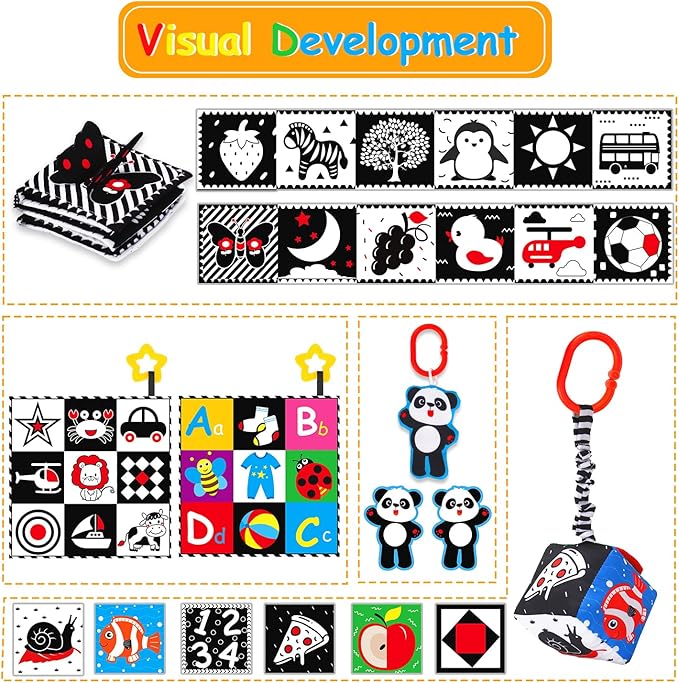 4 PCS Black and White High Contrast Baby Toys 0-3-6 Months Newborn Essential Toy for Babies Crinkle Sensory Book Brain Development Tummy Time Mirror Infant Carseat Rattle Shower Easter Gifts Boy Girl