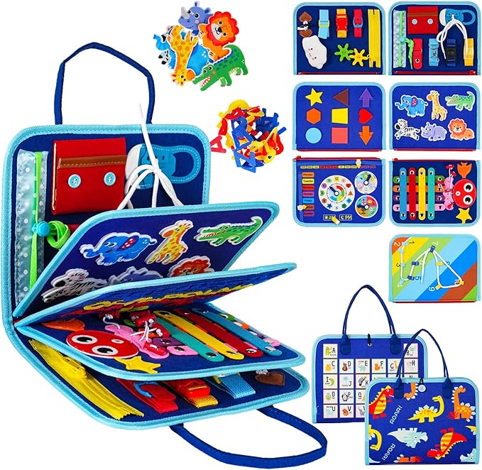Montessori Busy Board for Toddlers – Sensory Busy Book with Buckles, Zippers, Letters, Animals, Toddler Activities – Fine Motor Skills Development Learning for Boys Girls Travel Activity