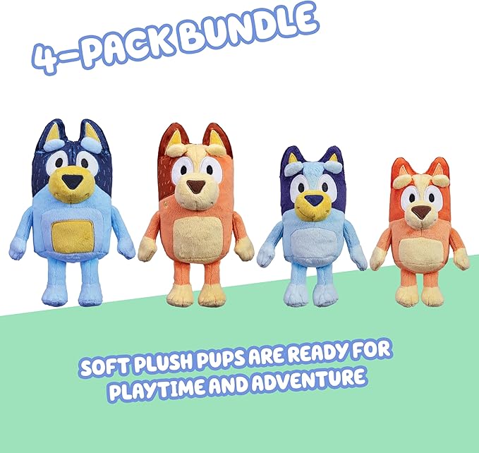Bluey Heeler Family Stuffed Animal Set of 4, 7-8”, Soft, Bingo, Bandit, and Chilli Plush Figure Toys, Cuddly Plush Toys for Kids Ages 3+