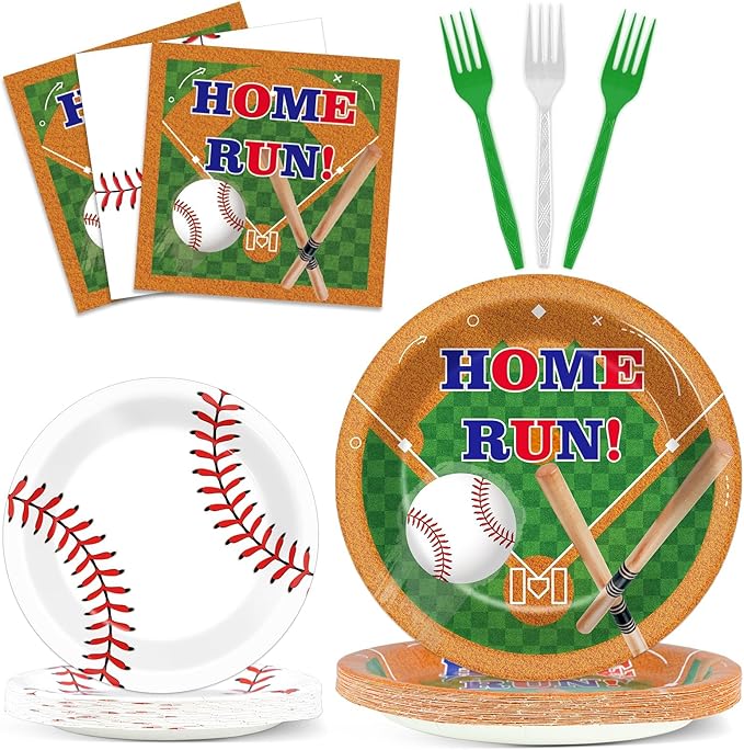 CHUNNIN 96pcs Baseball Birthday Party Plates and Napkins for Baseball Party Supplies Sports Birthday Party Disposable Paper Plates Tableware Set for 24 Guests Baseball Game Party Decorations