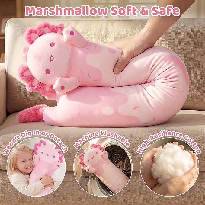 Mewaii Long Axolotl Plush 5 Sizes, 120% Extra Filling Giant Plushness Kids Body Pillow, Kawaii Cute Pink Axolotl Stuffed Animals Plushies, Big Long Body Pillow Cat Plush Gift for Girls 44”