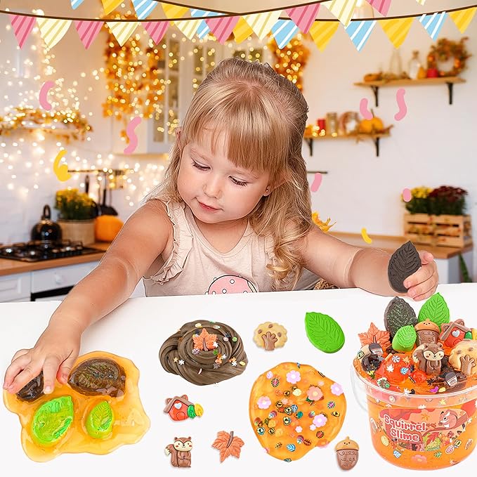 Squirrel Orange Slime Kit, Clear Slime Bucket with Clay, 10 Packs of Add-ins, Slimes Party Favors for Kids, Sensory Toys Experience DIY Slimes Kit, Birthday Easter Hallowmas Gift for Girls & Boys
