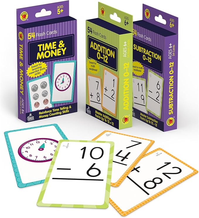 Carson Dellosa Education Time and Money, Addition and Subtraction Flash Cards, 3 Sets of Mathematics Flashcards, Kindergarten Learning Activities and Math Games for Kids 5-7