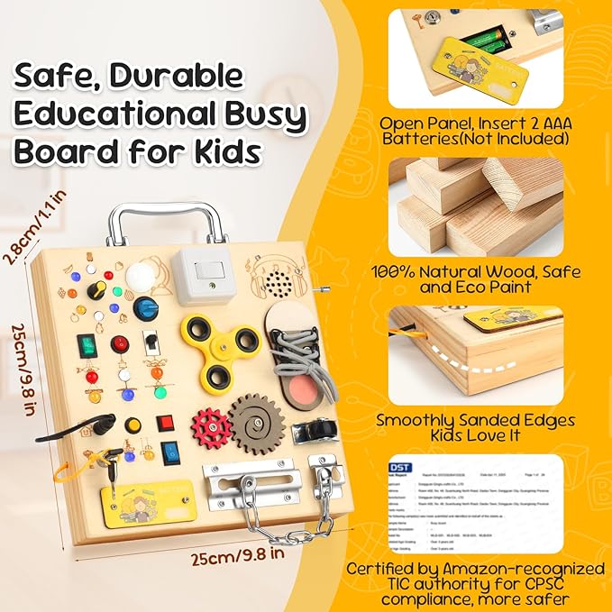 Wooden Busy Board with LED Light Montessori Baby Learning Toys for Toddlers , Sensory Activity Board, Travel Educational Toys, Boy & Girl Birthday Gift (Silver Handle)