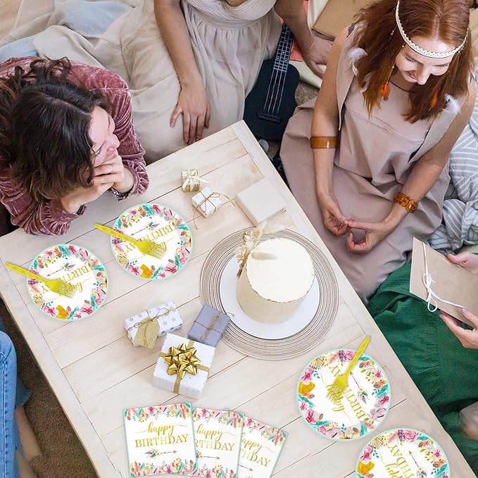 Tevxj 96 Pieces Happy Birthday Party Plates Napkins Boho Decorations Gold Metallic Tableware for Boys and Girls Happy Birthday Dessert Plates Napkins Forks for 24 Guests Party Supplies Favor