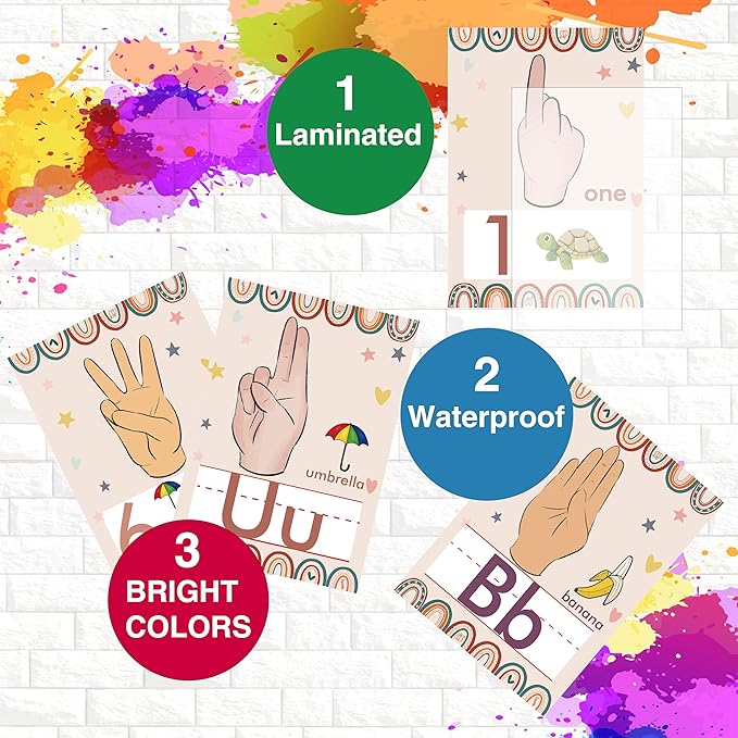 YIYDONG 36 Pieces ASL Alphabet Line Bulletin Board Set ABC Number Sign Language Flash Cards Wall Decorations for Pre-School Kindergarten Elementary Classroom Nursery Homeschool (Boho Rainbow)