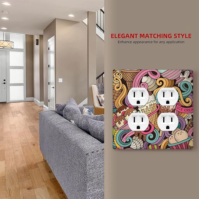 Cartoon Hand Drawn Ice Cream Doodles Colorful Print Outlet Covers 2 Gang Double Duplex Decorative Light Switch Covers Electrical Wallplates Socket Faceplate for Kids Room Nursery Decor
