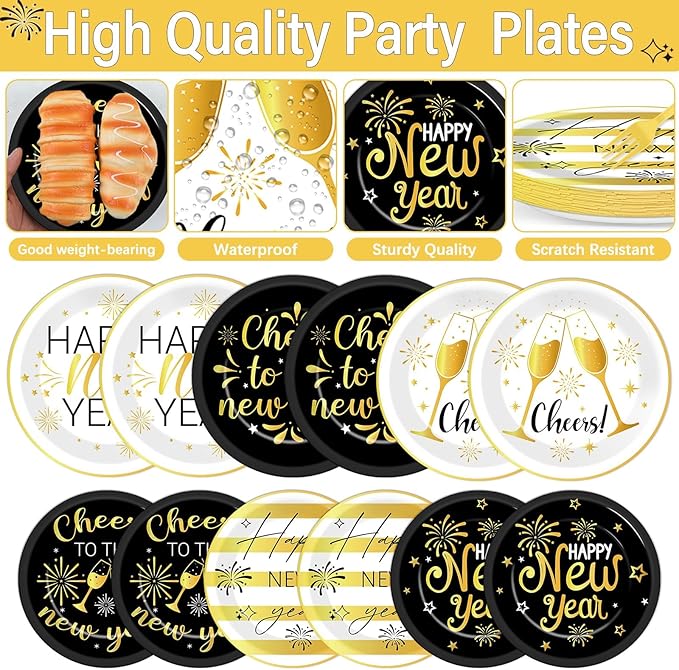 96Pcs New Years Party Supplies 2026 Black and Gold Themed Paper Plates Napkins Cheers Party Tableware Disposable Dinnerware Happy New Years Decorations Set for 2026 NYE Holiday Celebration Table Decor