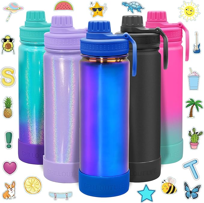 CHILLOUT LIFE 22 oz Kids Insulated Water Bottle for School with Leakproof Spout Lid and Cute Waterproof Stickers, Personalized Stainless Steel Thermos Flask Metal Water Bottle, Magic Blue