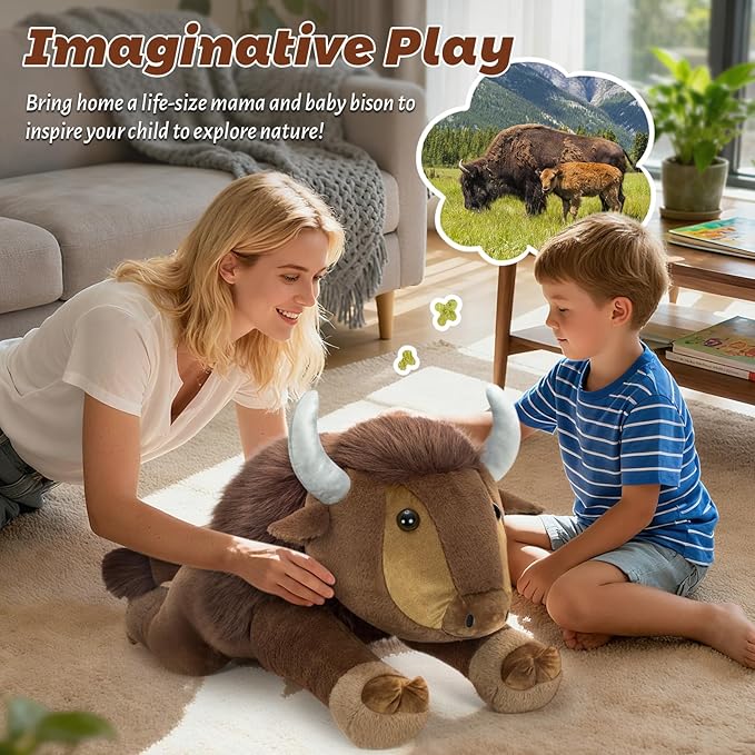 MorisMos Bison Stuffed Animal, 32 inch Bison Plush Giant Stuffed Animal, Soft Cuddle Buffalo Plush, Cozy Plush Gift for Kids Boys Girls Birthday Christmas, Brown