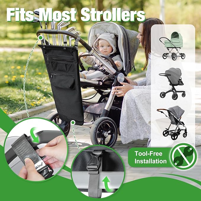 Stroller Golf Caddy,Golf Bag Attach to Stroller with Side Pockets,Shoulder Strap & Hooks for Towel Gloves,Lightweight Foldable Golf Organizer for Family Outdoor Golf,Stroller Golf Accessory