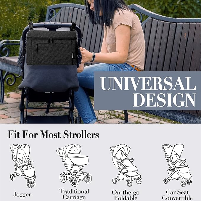 Universal Baby Stroller Organizer Large Space with Insulated Cup Holder Detachable Diaper Bag Adjustable Shoulder Strap Fits All Strollers (black)